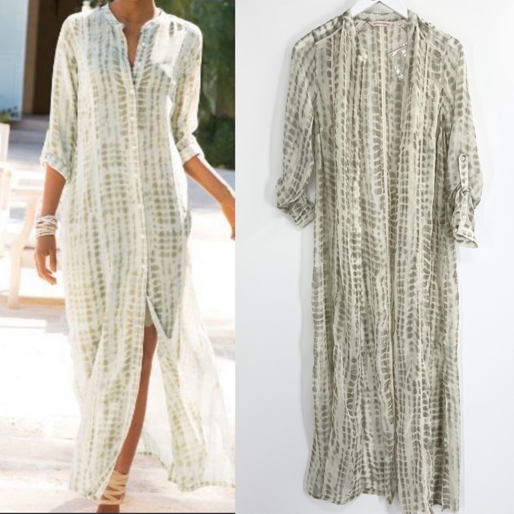Soft Surroundings Dress Green Maxi Tie Dye Lagenlook Flowy Roll Tab Sleeve